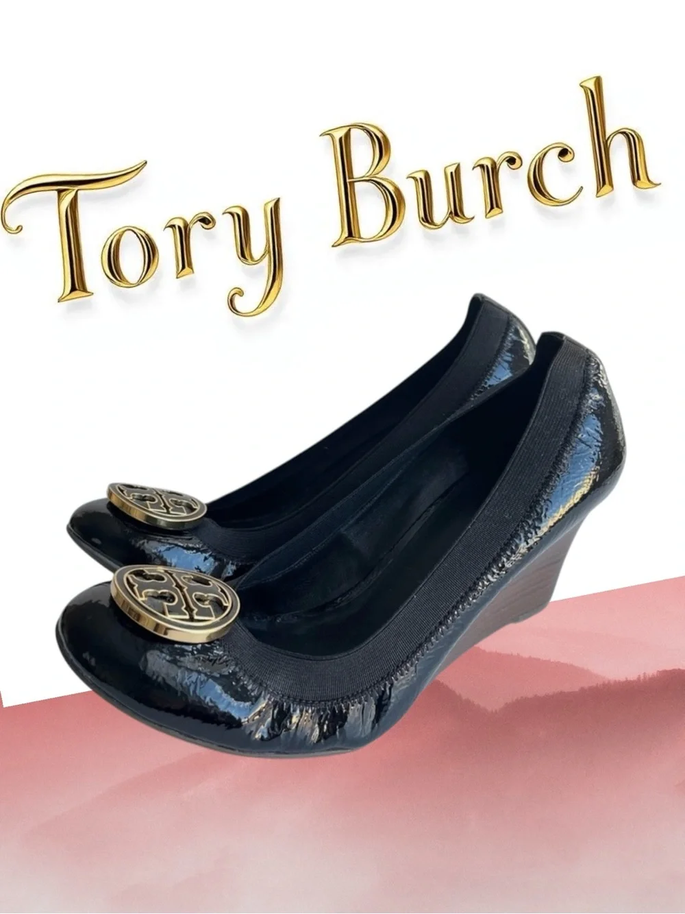 Tory Burch Black Leather Wedge Heels